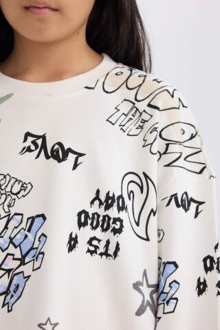 Kız Çocuk Oversize Geniş Kalıp Bisiklet Yaka 3D Baskılı Sweatshirt