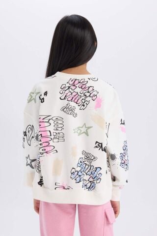 Kız Çocuk Oversize Geniş Kalıp Bisiklet Yaka 3D Baskılı Sweatshirt