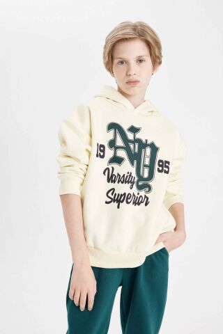 Erkek Çocuk Oversize Geniş Kalıp Kapüşonlu Yazı Baskılı Kalın Sweatshirt