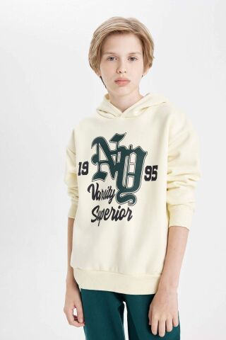 Erkek Çocuk Oversize Geniş Kalıp Kapüşonlu Yazı Baskılı Kalın Sweatshirt