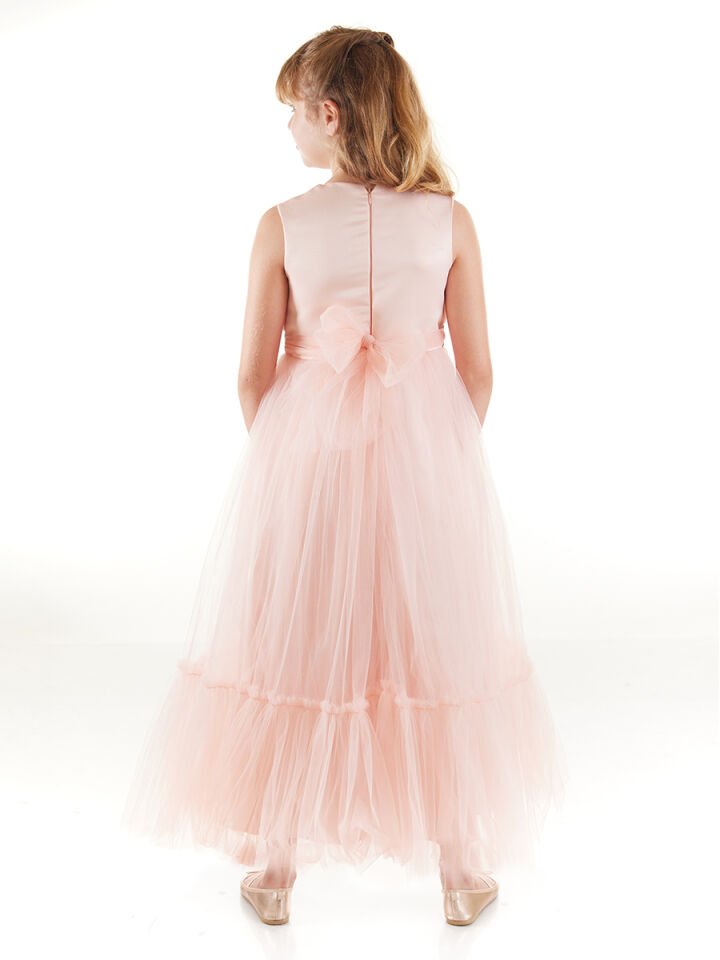 Taşlı Kemerli Tütü Kabarık Kız Çocuk Pudra Elbise