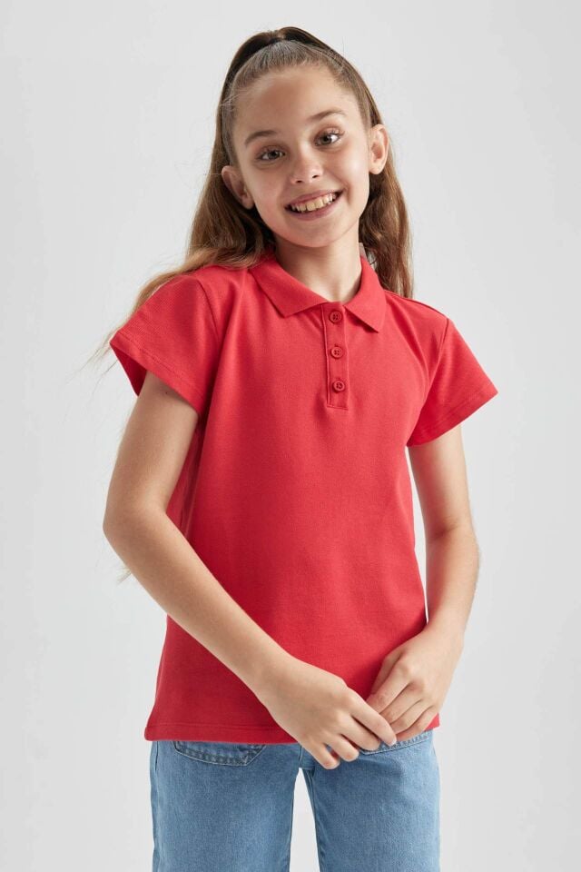 Kız Çocuk Pamuklu Kısa Kollu Basic Düz Polo Tişört