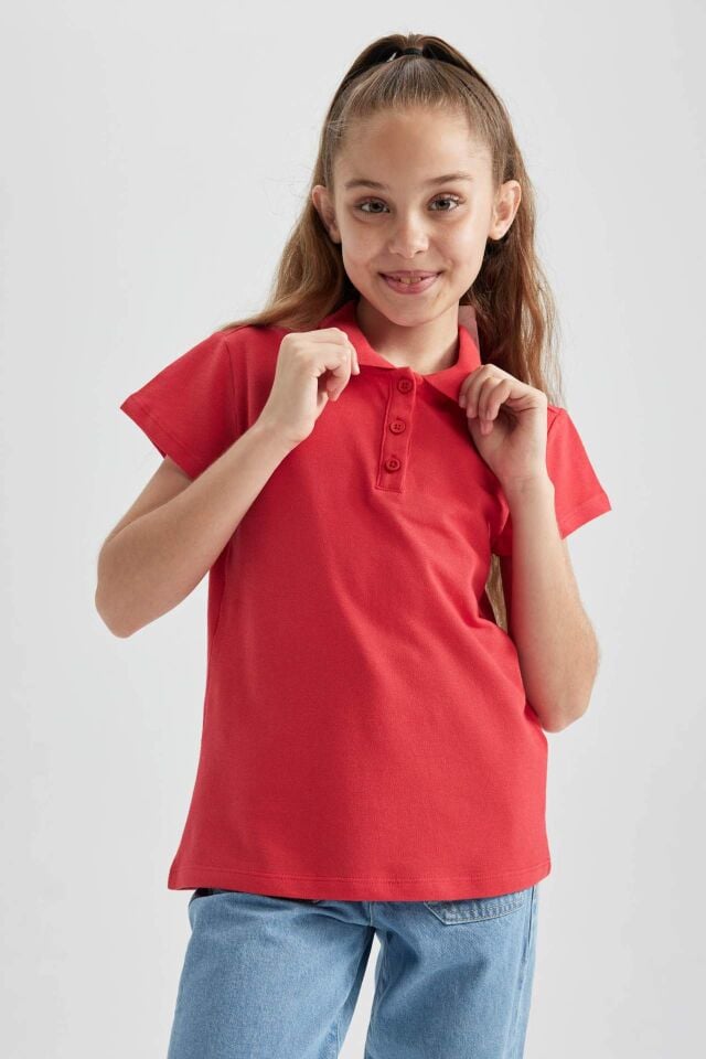 Kız Çocuk Pamuklu Kısa Kollu Basic Düz Polo Tişört