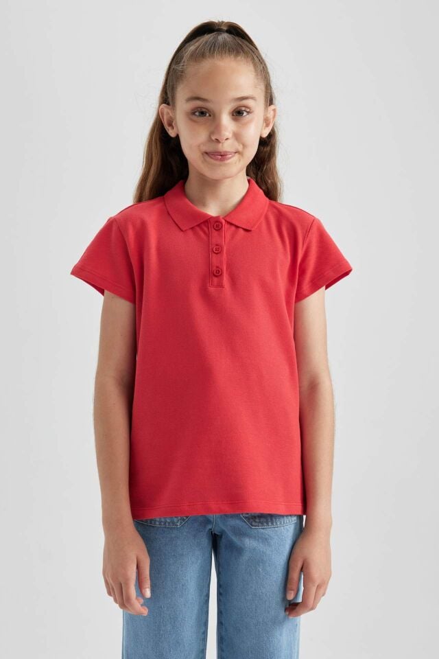 Kız Çocuk Pamuklu Kısa Kollu Basic Düz Polo Tişört