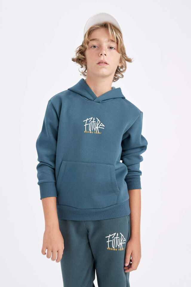 Erkek Çocuk Yazı Baskılı Cepli Kapüşonlu Kalın Okul Sweatshirt