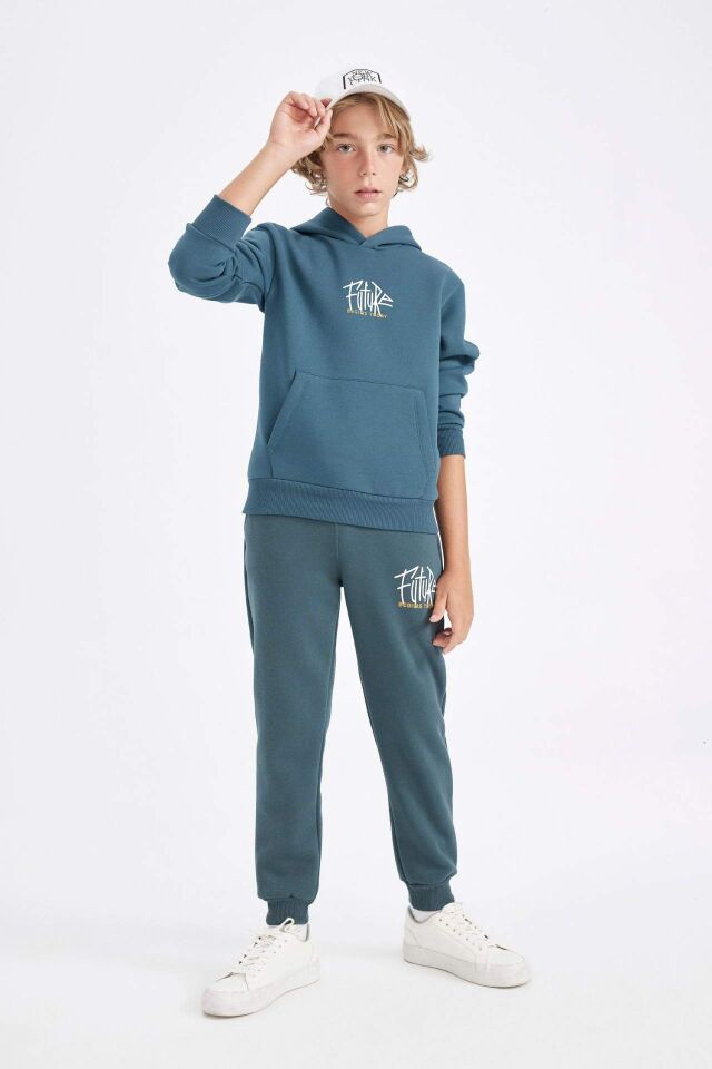 Erkek Çocuk Yazı Baskılı Cepli Kapüşonlu Kalın Okul Sweatshirt