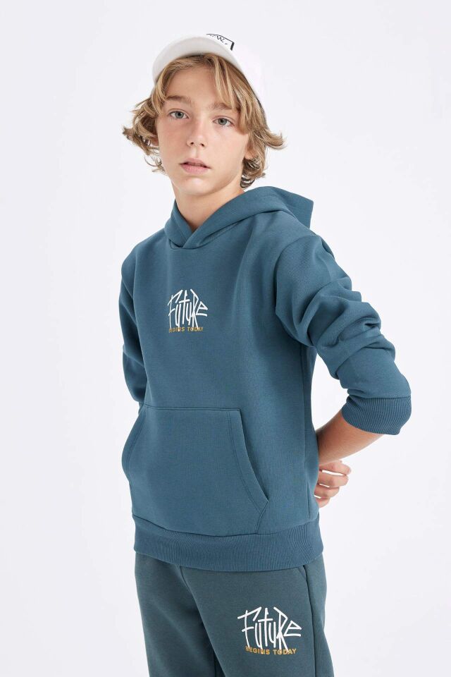 Erkek Çocuk Yazı Baskılı Cepli Kapüşonlu Kalın Okul Sweatshirt