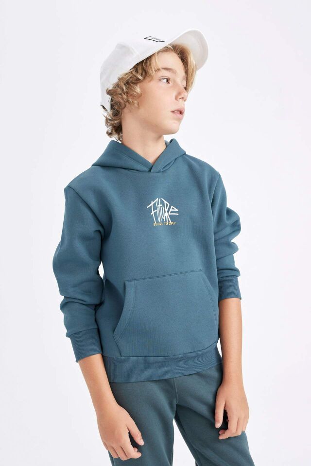 Erkek Çocuk Yazı Baskılı Cepli Kapüşonlu Kalın Okul Sweatshirt