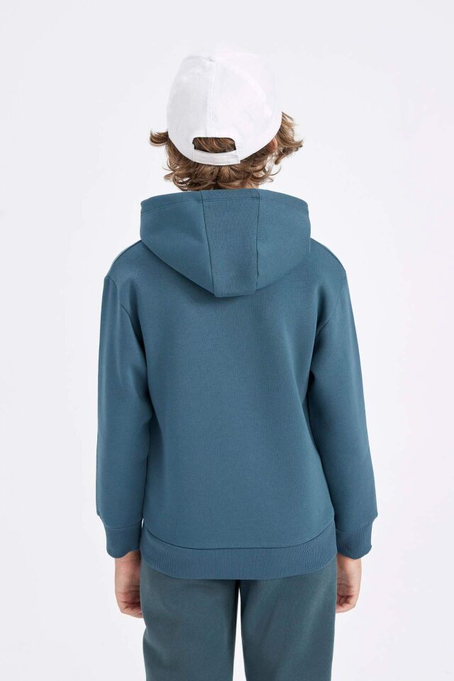 Erkek Çocuk Yazı Baskılı Cepli Kapüşonlu Kalın Okul Sweatshirt