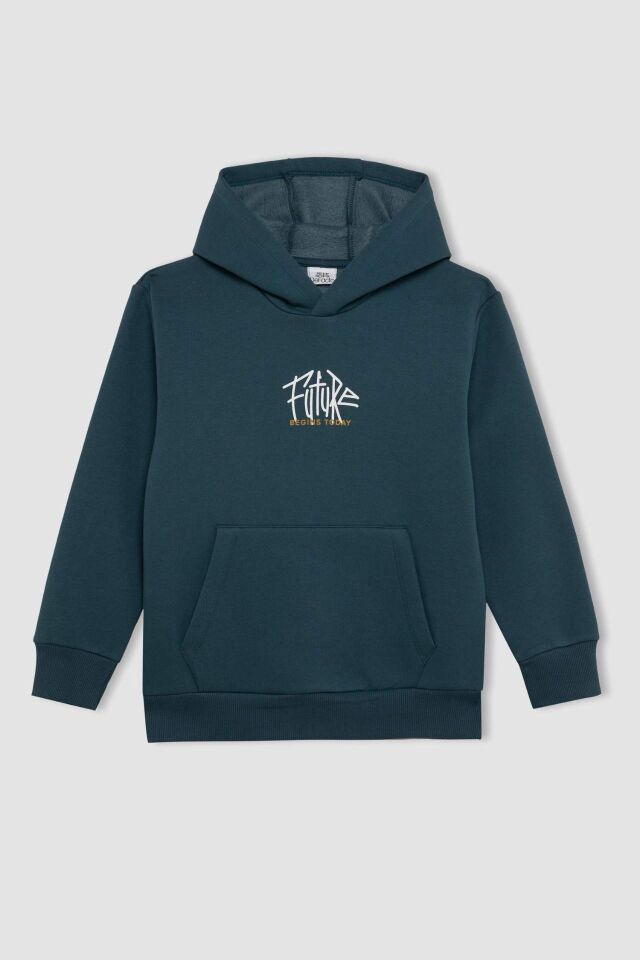 Erkek Çocuk Yazı Baskılı Cepli Kapüşonlu Kalın Okul Sweatshirt