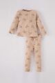 Kız Bebek Pijama Takımı Desenli Bisiklet Yaka Uzun Kollu Fitilli Kaşkorse Üst Uzun Kollu Alt