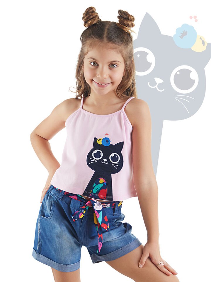 Çiçek Bahçesi Kız Çocuk T-shirt Denim Şort Takım 3 Y - Pembe, Mavi
