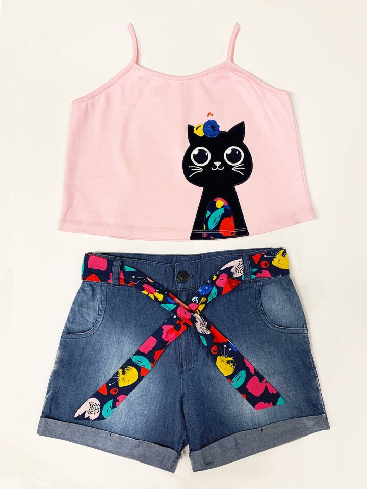 Çiçek Bahçesi Kız Çocuk T-shirt Denim Şort Takım 3 Y - Pembe, Mavi