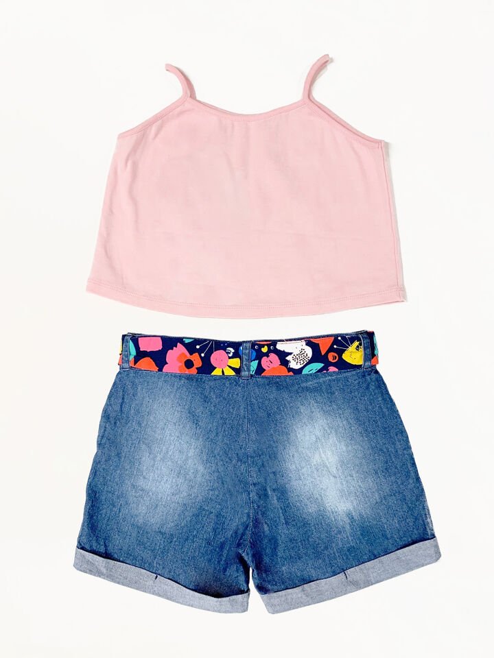 Çiçek Bahçesi Kız Çocuk T-shirt Denim Şort Takım 3 Y - Pembe, Mavi