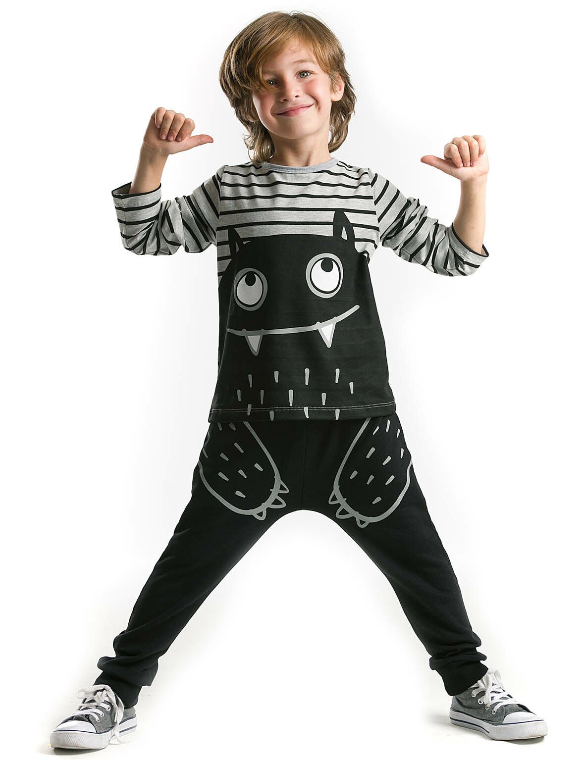 Gerçek Canavar Erkek Çocuk T-shirt Pantolon Takım 4 Y - Siyah Gri