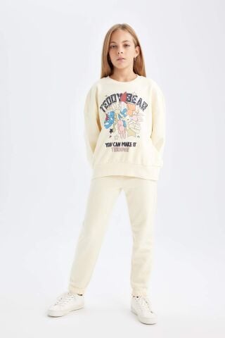 Kız Çocuk 2'li Takım Baskılı Bisiklet Yaka Kalın Sweatshirt Beli Lastikli Jogger Eşofman Altı