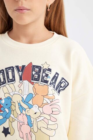 Kız Çocuk 2'li Takım Baskılı Bisiklet Yaka Kalın Sweatshirt Beli Lastikli Jogger Eşofman Altı