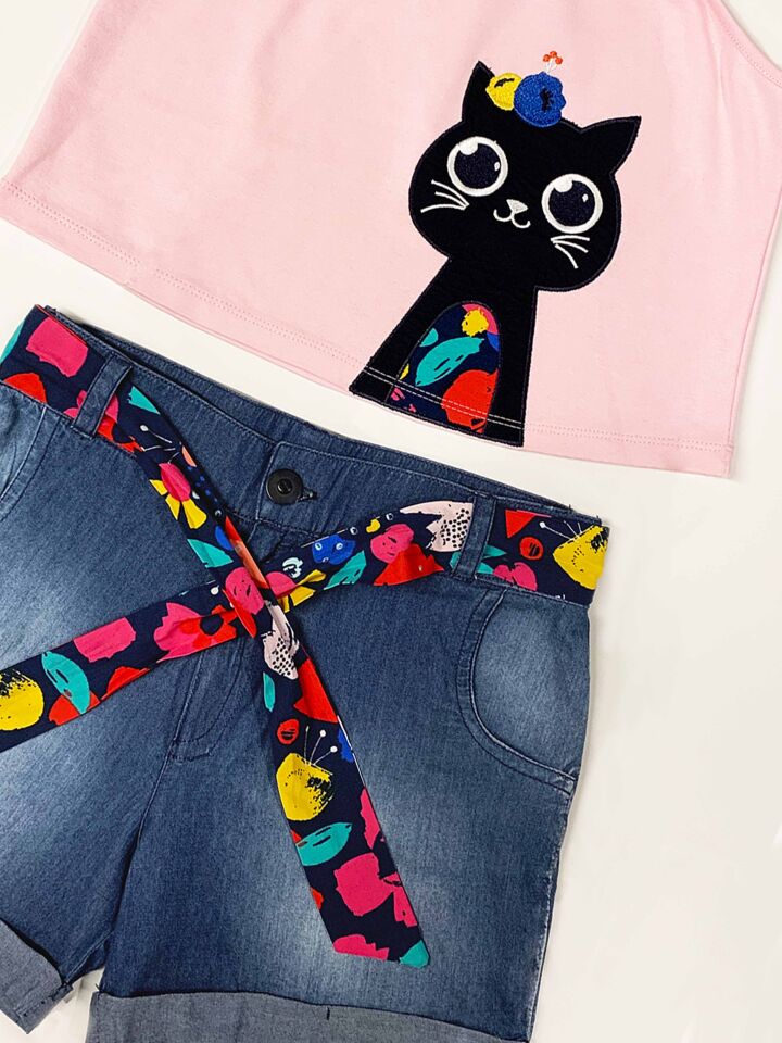 Çiçek Bahçesi Kız Çocuk T-shirt Denim Şort Takım 5 Y - Pembe, Mavi