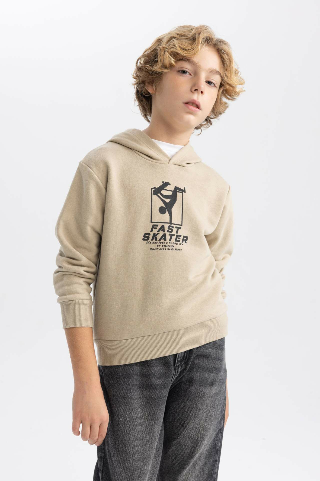 Erkek Çocuk Baskılı Kapüşonlu Kalın Sweatshirt