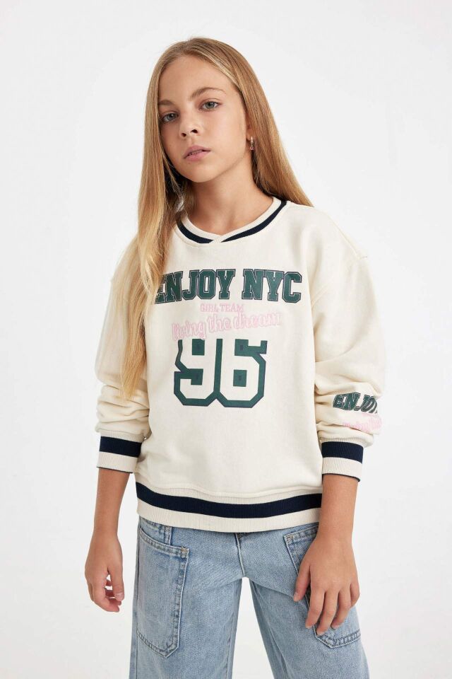 Kız Çocuk Relax Fit V Yaka Yazı Baskılı Okul Sweatshirt