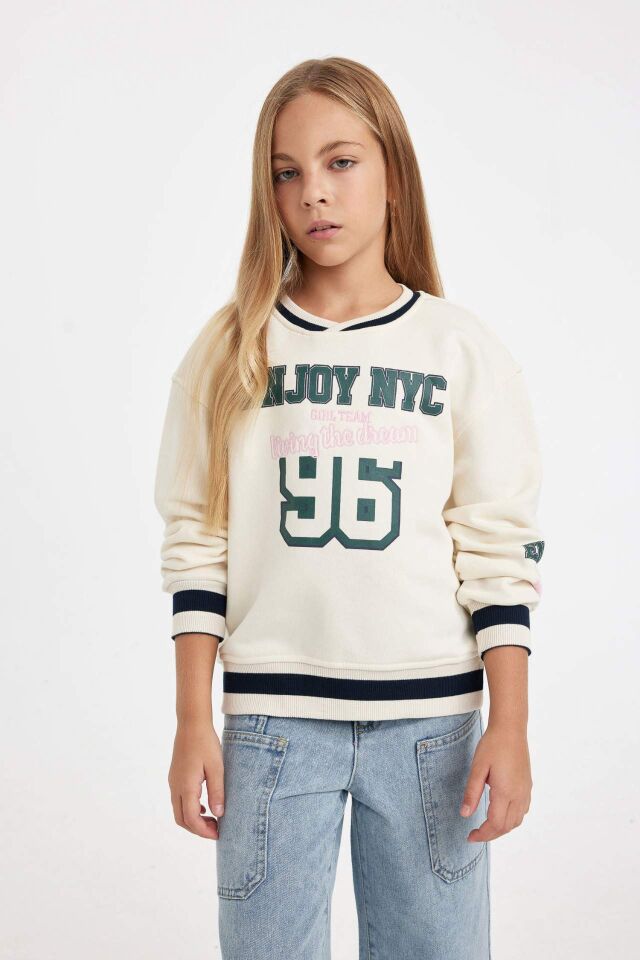 Kız Çocuk Relax Fit V Yaka Yazı Baskılı Okul Sweatshirt