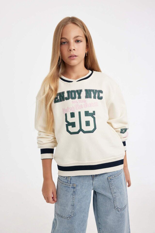 Kız Çocuk Relax Fit V Yaka Yazı Baskılı Okul Sweatshirt