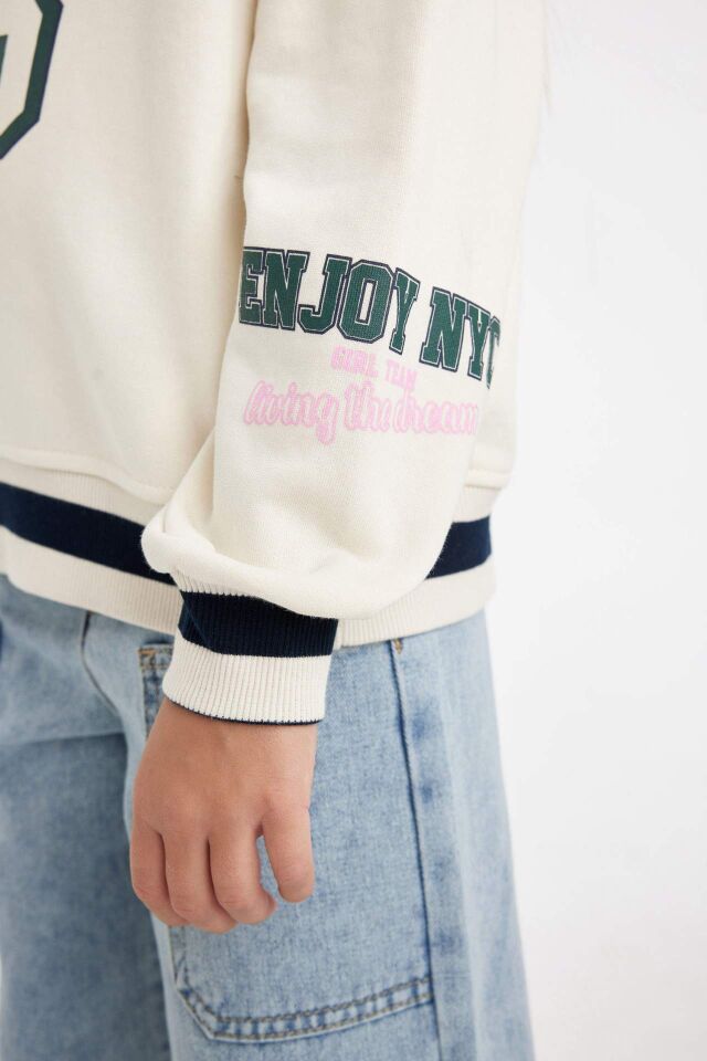 Kız Çocuk Relax Fit V Yaka Yazı Baskılı Okul Sweatshirt