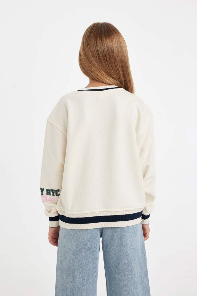 Kız Çocuk Relax Fit V Yaka Yazı Baskılı Okul Sweatshirt