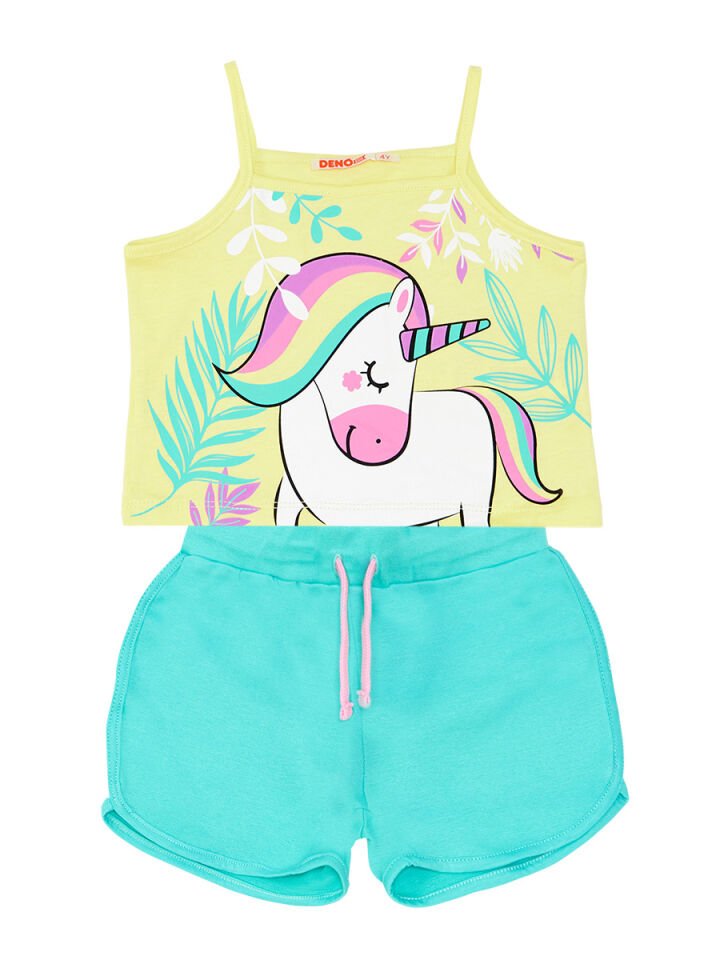 Ormanda Unicorn Kız Çocuk T-shirt Şort Takım 5 Y - Yeşil