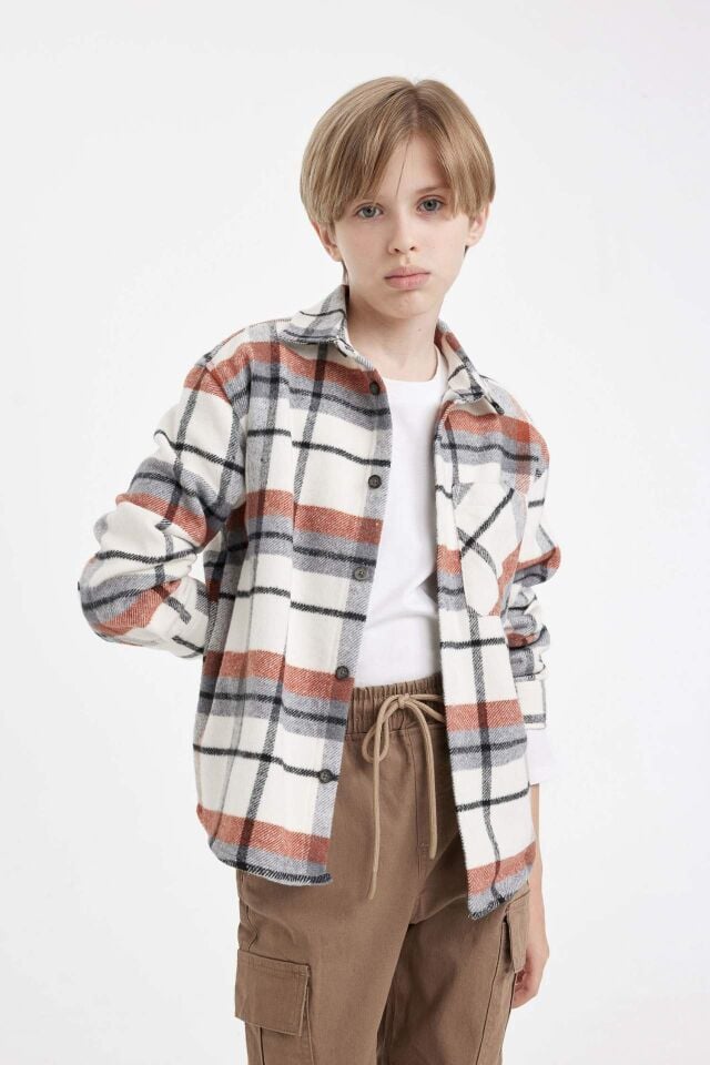 Erkek Çocuk Oversize Geniş Kalıp Polo Yaka Flanel Uzun Kollu Gömlek