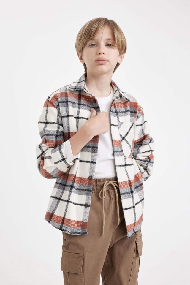 Erkek Çocuk Oversize Geniş Kalıp Polo Yaka Flanel Uzun Kollu Gömlek