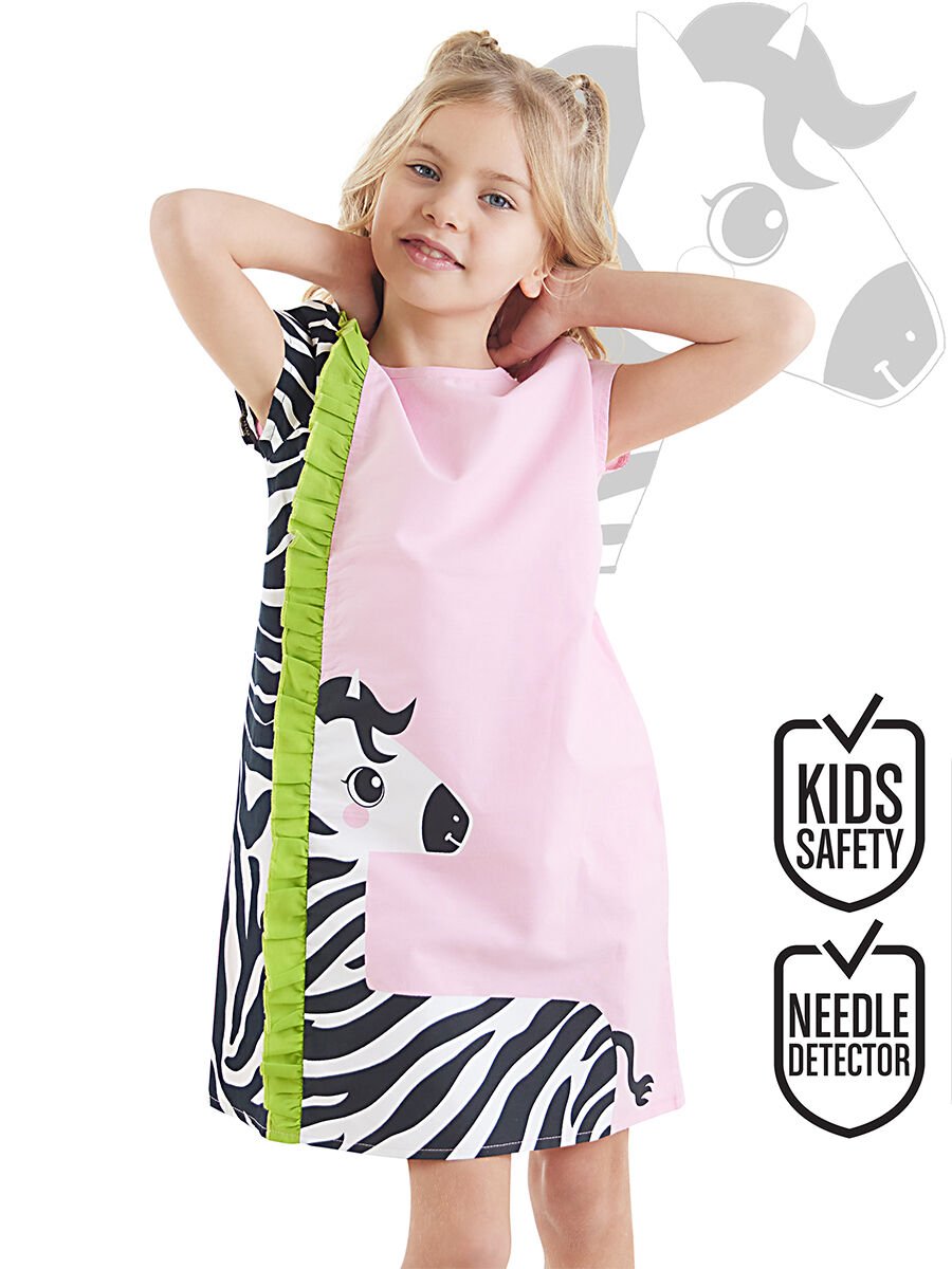 Fırfırlı Zebra Kız Çocuk Pembe Elbise