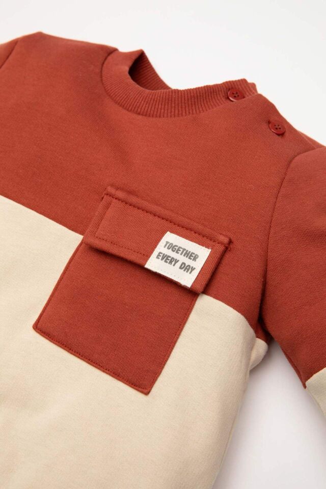 Erkek Bebek  Bisiklet Yaka Renk Bloklu İçi Yumuşak Tüylü Sweatshirt
