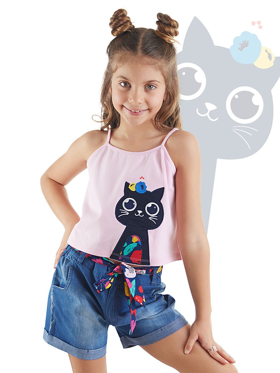 Çiçek Bahçesi Kız Çocuk T-shirt Denim Şort Takım 8 Y - Pembe, Mavi