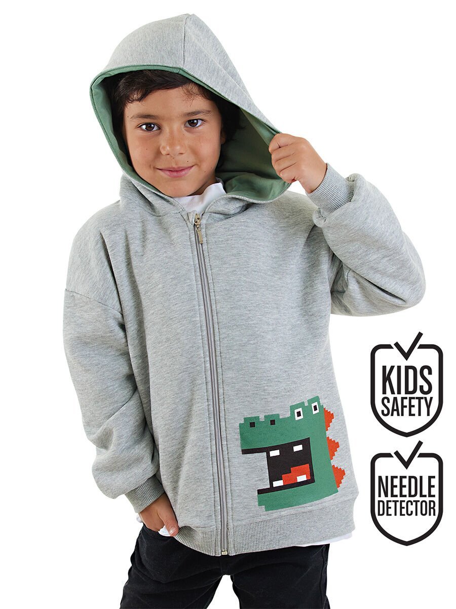 Dinozor Erkek Çocuk Fermuarlı Kapüşonlu Gri Sweatshirt