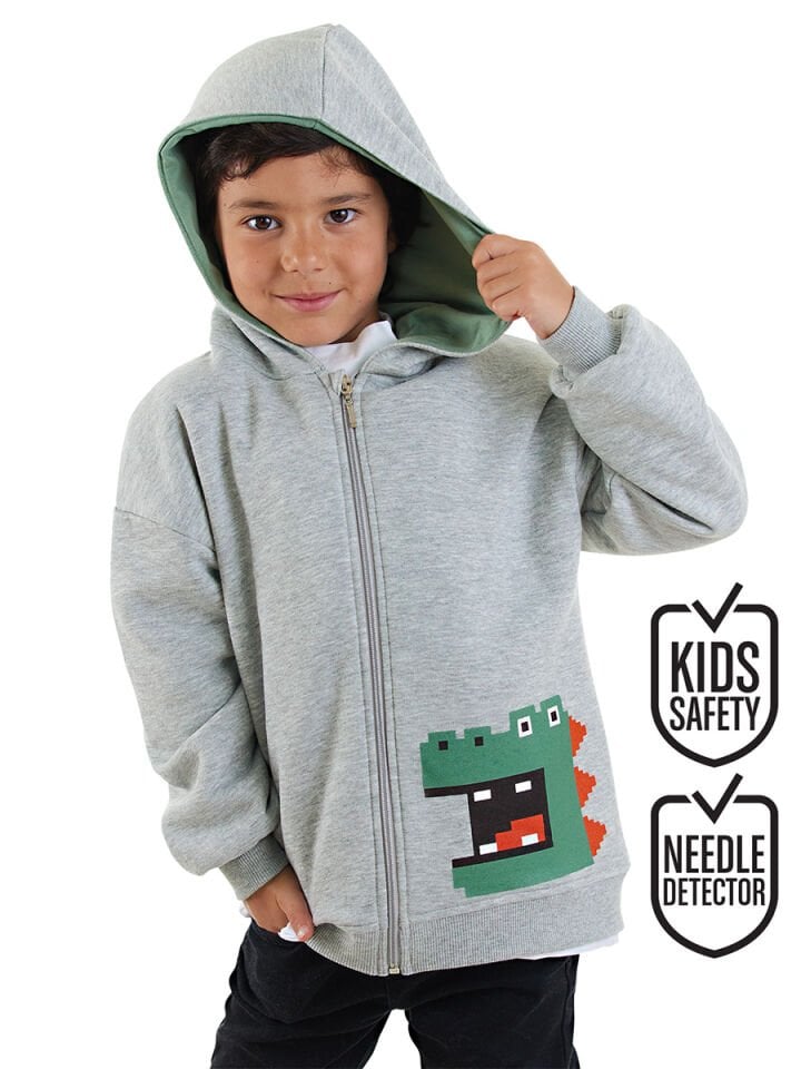Dinozor Erkek Çocuk Fermuarlı Kapüşonlu Gri Sweatshirt