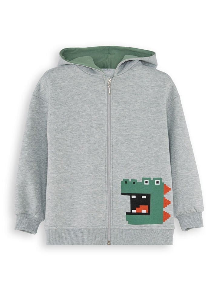 Dinozor Erkek Çocuk Fermuarlı Kapüşonlu Gri Sweatshirt