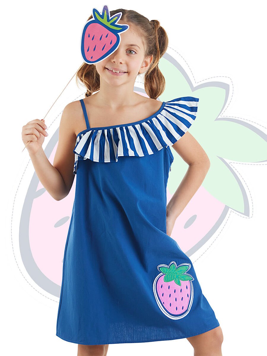 Çilekli Dokuma Kız Çocuk Lacivert Elbise