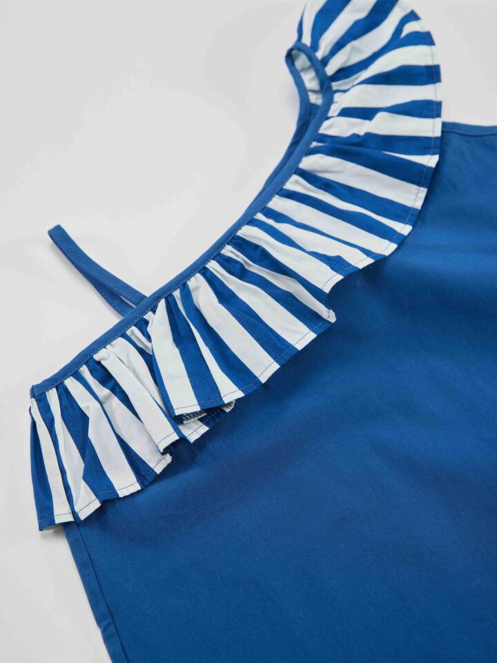 Çilekli Dokuma Kız Çocuk Lacivert Elbise