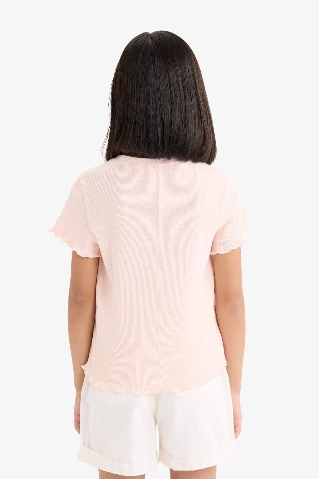 Kız Çocuk Slim Fit Dar Kesim Bisiklet Yaka Baskılı Fitilli Kaşkorse Kısa Kollu Tişört