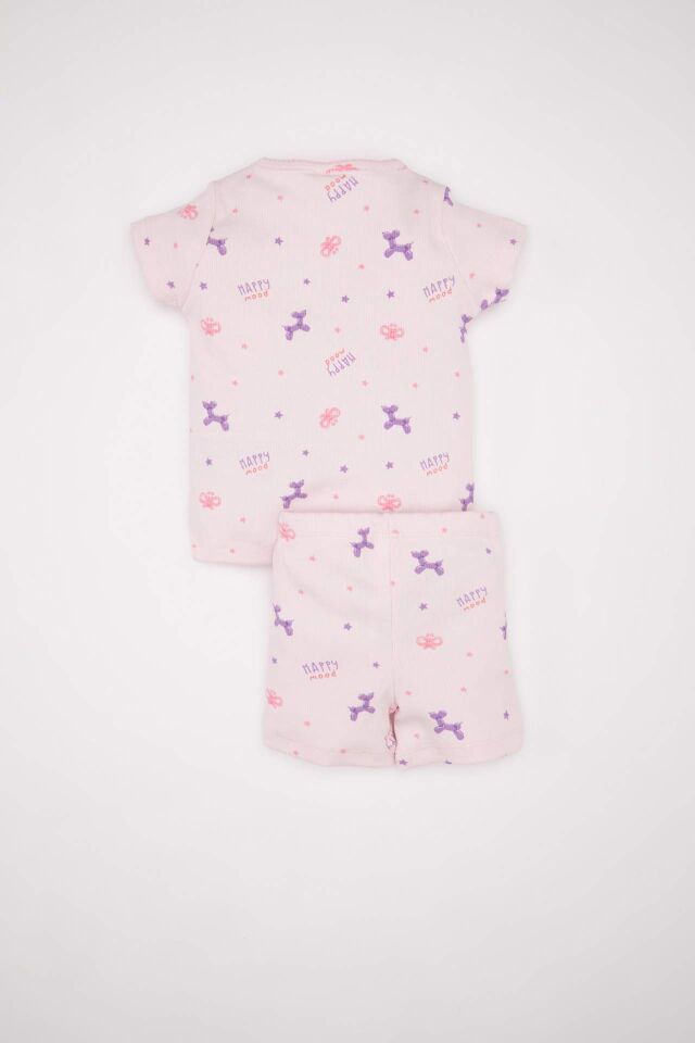 Kız Bebek Pijama Takım Desenli Fitilli Kaşkorse  Kısa Kollu Üst Beli Lastikli Şort Alt