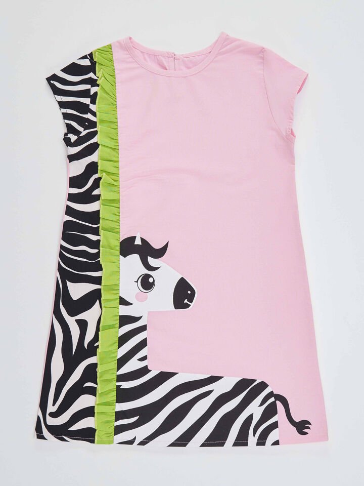 Fırfırlı Zebra Kız Çocuk Pembe Elbise 6 Y - Pembe