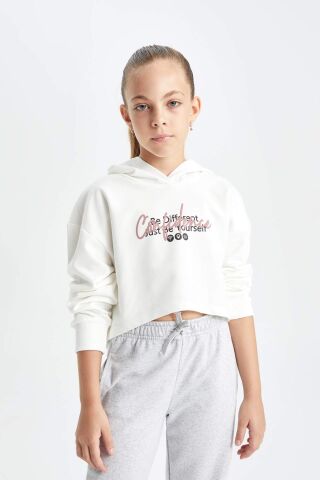 Kız Çocuk Oversize Geniş Kalıp Crop Kapüşonlu Baskılı Sweatshirt