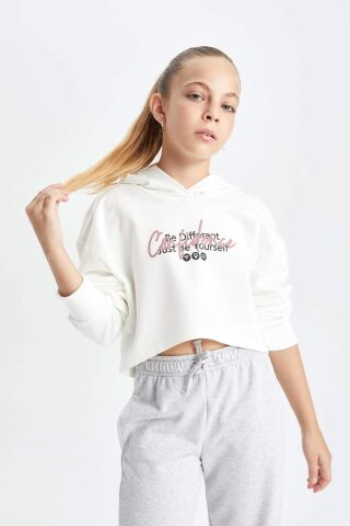 Kız Çocuk Oversize Geniş Kalıp Crop Kapüşonlu Baskılı Sweatshirt