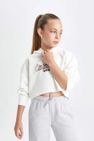 Kız Çocuk Oversize Geniş Kalıp Crop Kapüşonlu Baskılı Sweatshirt