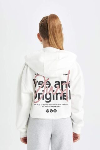 Kız Çocuk Oversize Geniş Kalıp Crop Kapüşonlu Baskılı Sweatshirt