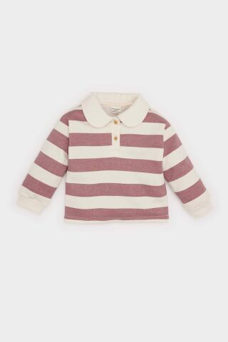 Kız Bebek Bebe Yaka İçi Yumuşak Tüylü Çizgili Sweatshirt
