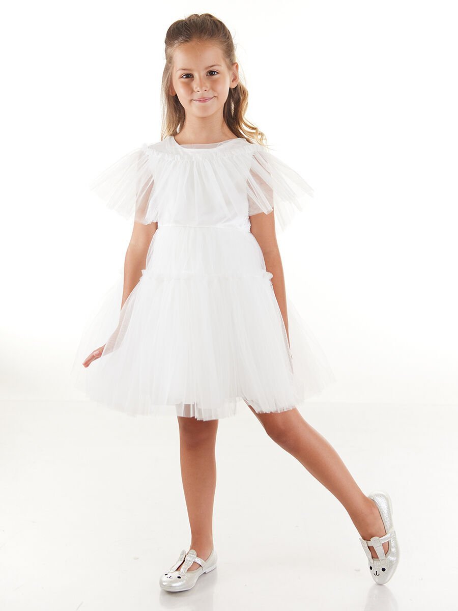 Simli Tüllü Tütü Kabarık Kız Çocuk Beyaz Elbise