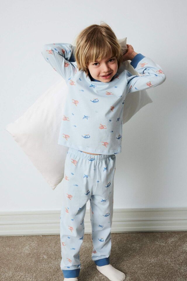 Erkek Bebek Pijama Takımı Penye Desenli Uzun Kollu Üst Beli Lastikli Uzun Alt