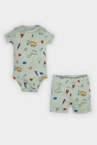 Erkek Bebek 2'li Takım Dinazor Baskılı Kısa Kollu Fitilli Kaşkorse Çıtçıtlı Body Beli Lastikli Şort